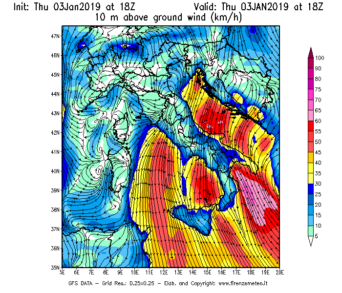 Mappa di analisi GFS - Velocità del vento a 10 metri dal suolo [km/h] in Italia
							del 03/01/2019 18 <!--googleoff: index-->UTC<!--googleon: index-->