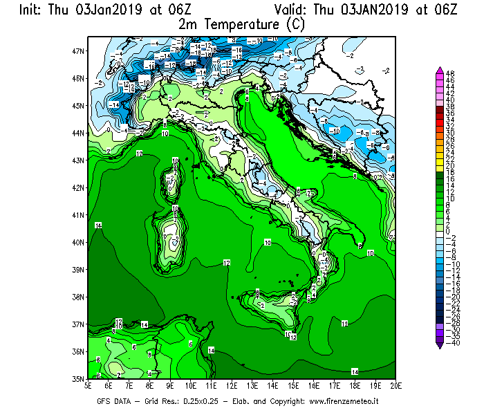 Mappa di analisi GFS - Temperatura a 2 metri dal suolo [°C] in Italia
							del 03/01/2019 06 <!--googleoff: index-->UTC<!--googleon: index-->