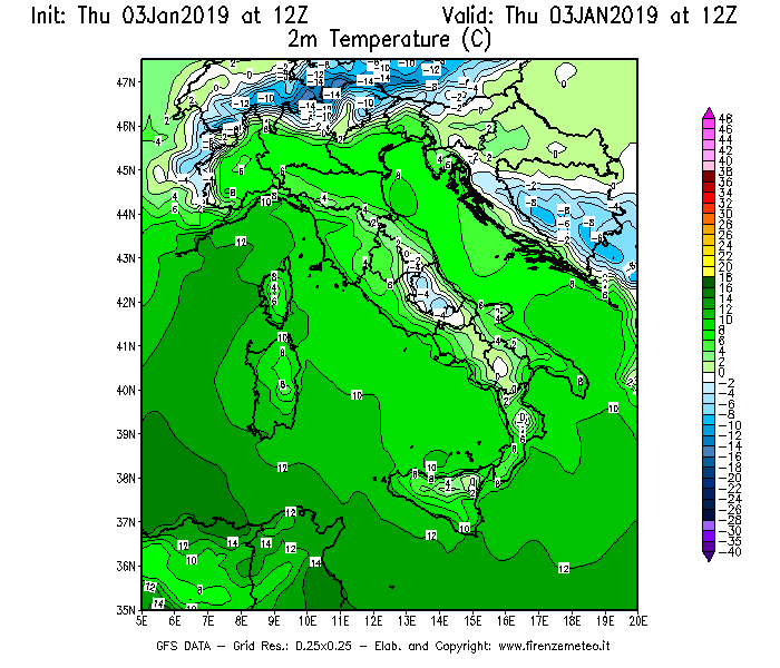 Mappa di analisi GFS - Temperatura a 2 metri dal suolo [°C] in Italia
							del 03/01/2019 12 <!--googleoff: index-->UTC<!--googleon: index-->