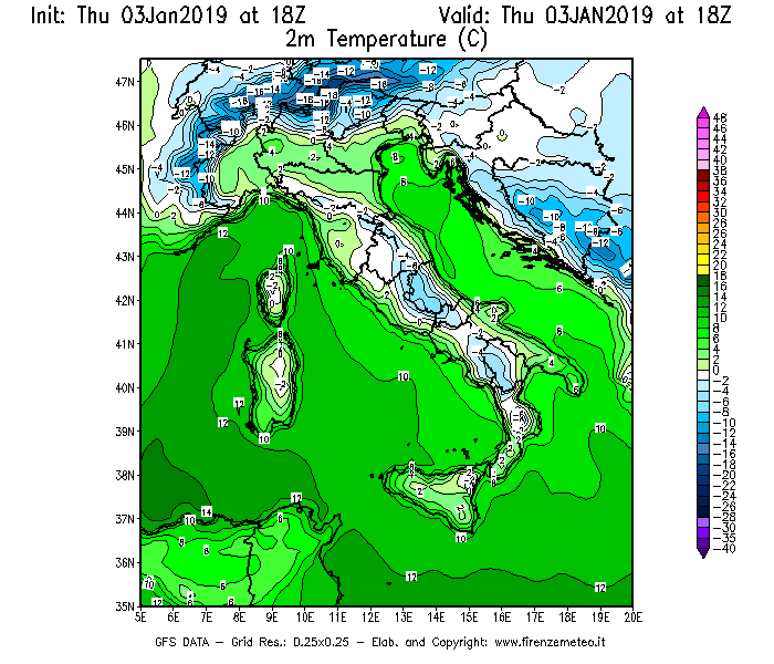 Mappa di analisi GFS - Temperatura a 2 metri dal suolo [°C] in Italia
							del 03/01/2019 18 <!--googleoff: index-->UTC<!--googleon: index-->