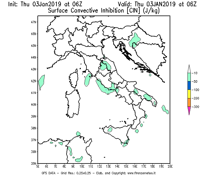Mappa di analisi GFS - CIN [J/kg] in Italia
							del 03/01/2019 06 <!--googleoff: index-->UTC<!--googleon: index-->