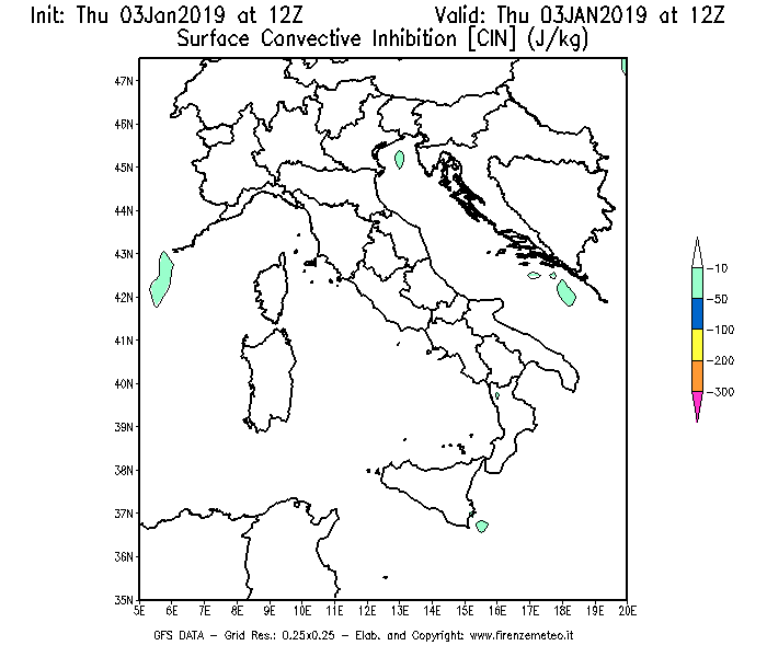 Mappa di analisi GFS - CIN [J/kg] in Italia
							del 03/01/2019 12 <!--googleoff: index-->UTC<!--googleon: index-->