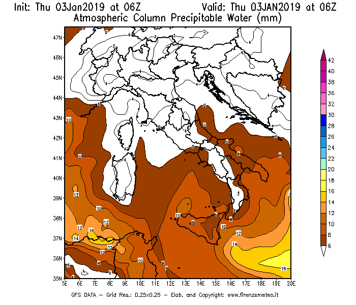 Mappa di analisi GFS - Precipitable Water [mm] in Italia
							del 03/01/2019 06 <!--googleoff: index-->UTC<!--googleon: index-->