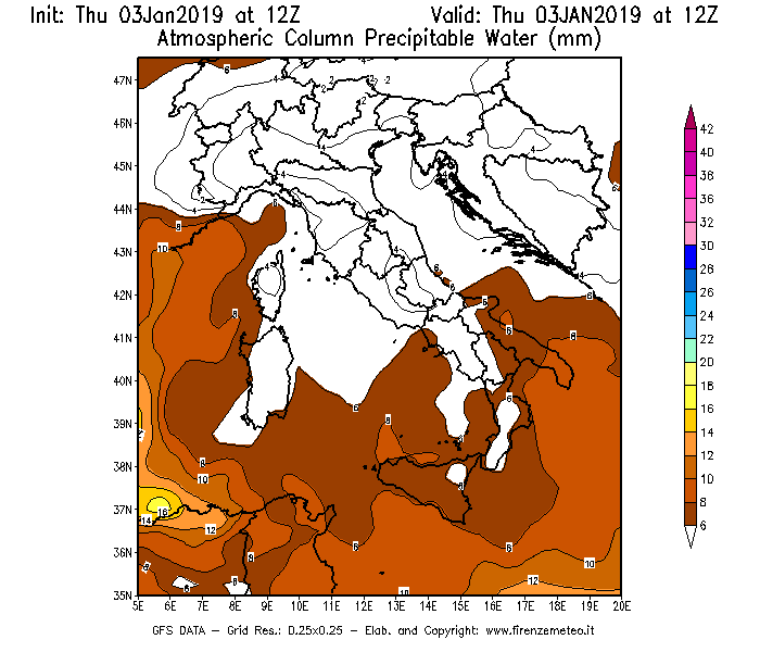 Mappa di analisi GFS - Precipitable Water [mm] in Italia
							del 03/01/2019 12 <!--googleoff: index-->UTC<!--googleon: index-->