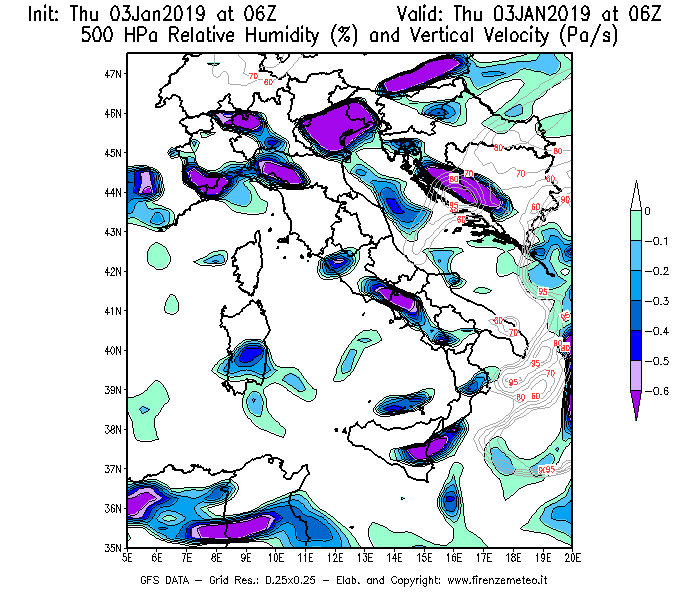 Mappa di analisi GFS - Umidità relativa [%] e Omega [Pa/s] a 500 hPa in Italia
							del 03/01/2019 06 <!--googleoff: index-->UTC<!--googleon: index-->