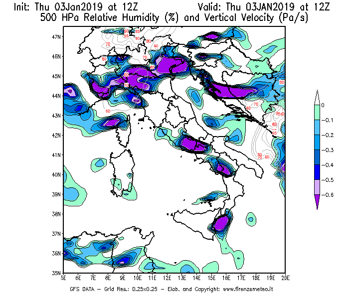 Mappa di analisi GFS - Umidità relativa [%] e Omega [Pa/s] a 500 hPa in Italia
							del 03/01/2019 12 <!--googleoff: index-->UTC<!--googleon: index-->