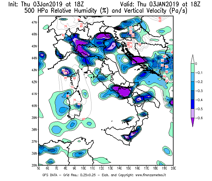 Mappa di analisi GFS - Umidità relativa [%] e Omega [Pa/s] a 500 hPa in Italia
							del 03/01/2019 18 <!--googleoff: index-->UTC<!--googleon: index-->