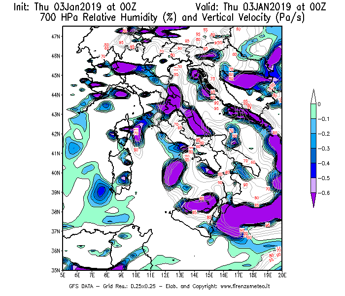 Mappa di analisi GFS - Umidità relativa [%] e Omega [Pa/s] a 700 hPa in Italia
							del 03/01/2019 00 <!--googleoff: index-->UTC<!--googleon: index-->