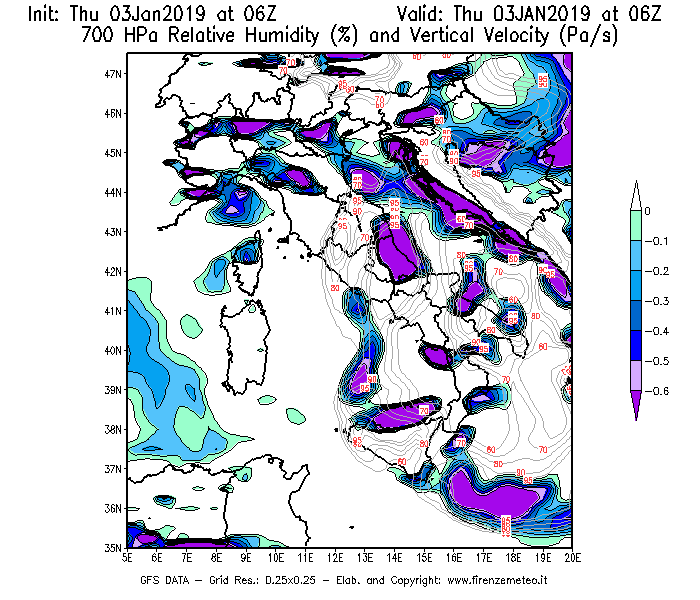 Mappa di analisi GFS - Umidità relativa [%] e Omega [Pa/s] a 700 hPa in Italia
							del 03/01/2019 06 <!--googleoff: index-->UTC<!--googleon: index-->