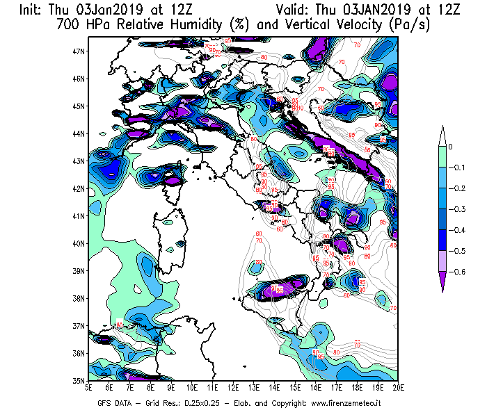 Mappa di analisi GFS - Umidità relativa [%] e Omega [Pa/s] a 700 hPa in Italia
							del 03/01/2019 12 <!--googleoff: index-->UTC<!--googleon: index-->