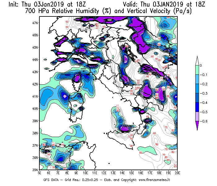 Mappa di analisi GFS - Umidità relativa [%] e Omega [Pa/s] a 700 hPa in Italia
							del 03/01/2019 18 <!--googleoff: index-->UTC<!--googleon: index-->