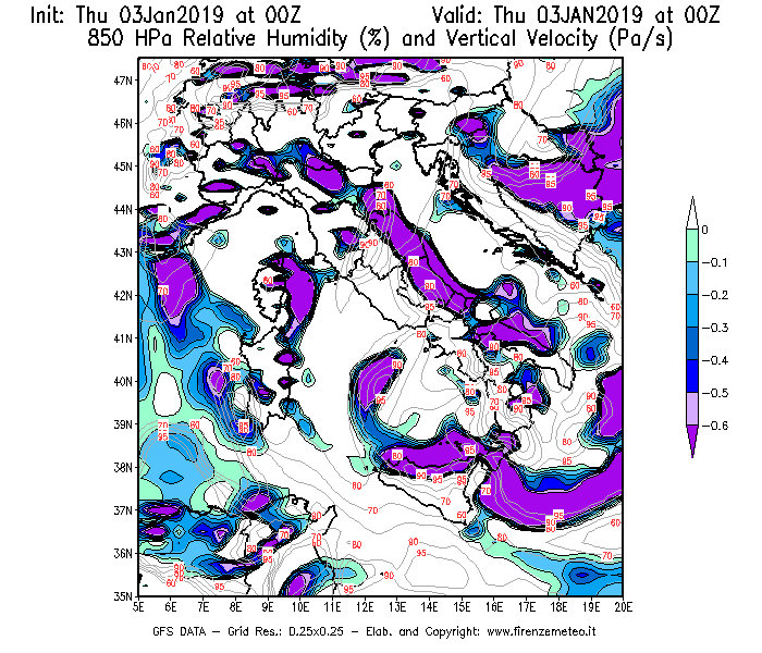 Mappa di analisi GFS - Umidità relativa [%] e Omega [Pa/s] a 850 hPa in Italia
							del 03/01/2019 00 <!--googleoff: index-->UTC<!--googleon: index-->