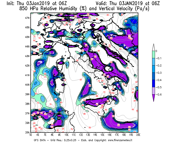 Mappa di analisi GFS - Umidità relativa [%] e Omega [Pa/s] a 850 hPa in Italia
							del 03/01/2019 06 <!--googleoff: index-->UTC<!--googleon: index-->