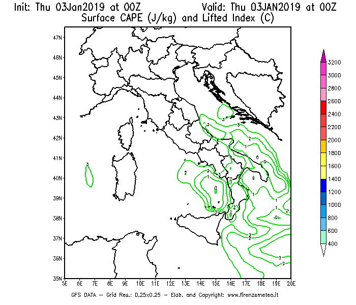 Mappa di analisi GFS - CAPE [J/kg] e Lifted Index [°C] in Italia
							del 03/01/2019 00 <!--googleoff: index-->UTC<!--googleon: index-->