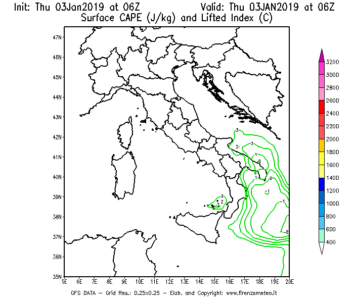 Mappa di analisi GFS - CAPE [J/kg] e Lifted Index [°C] in Italia
							del 03/01/2019 06 <!--googleoff: index-->UTC<!--googleon: index-->