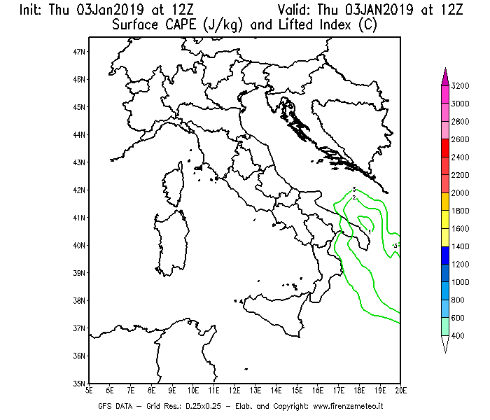 Mappa di analisi GFS - CAPE [J/kg] e Lifted Index [°C] in Italia
							del 03/01/2019 12 <!--googleoff: index-->UTC<!--googleon: index-->
