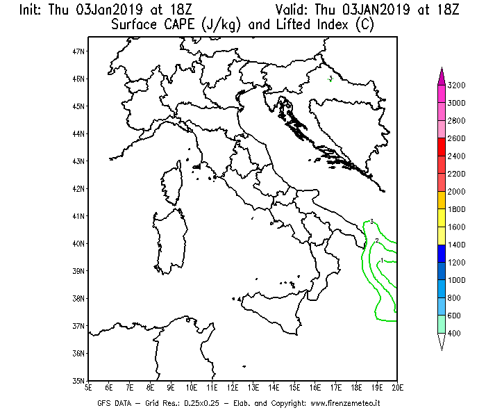 Mappa di analisi GFS - CAPE [J/kg] e Lifted Index [°C] in Italia
							del 03/01/2019 18 <!--googleoff: index-->UTC<!--googleon: index-->