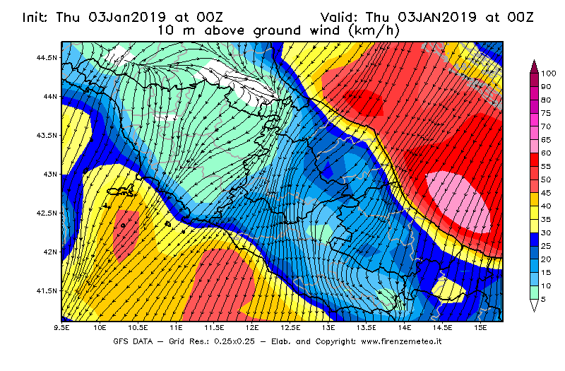 Mappa di analisi GFS - Velocità del vento a 10 metri dal suolo [km/h] in Centro-Italia
							del 03/01/2019 00 <!--googleoff: index-->UTC<!--googleon: index-->