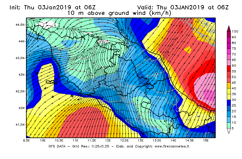 Mappa di analisi GFS - Velocità del vento a 10 metri dal suolo [km/h] in Centro-Italia
							del 03/01/2019 06 <!--googleoff: index-->UTC<!--googleon: index-->