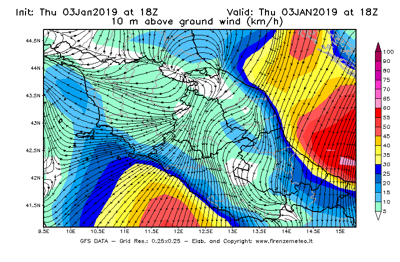 Mappa di analisi GFS - Velocità del vento a 10 metri dal suolo [km/h] in Centro-Italia
							del 03/01/2019 18 <!--googleoff: index-->UTC<!--googleon: index-->