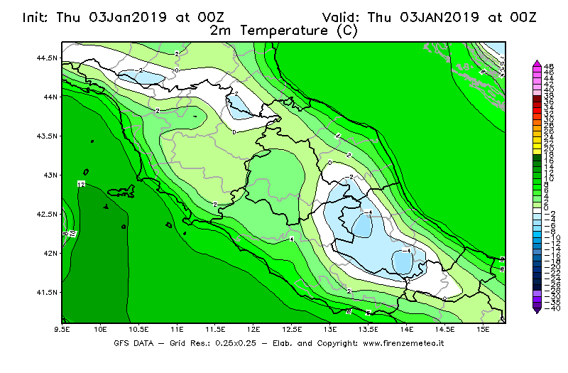 Mappa di analisi GFS - Temperatura a 2 metri dal suolo [°C] in Centro-Italia
							del 03/01/2019 00 <!--googleoff: index-->UTC<!--googleon: index-->