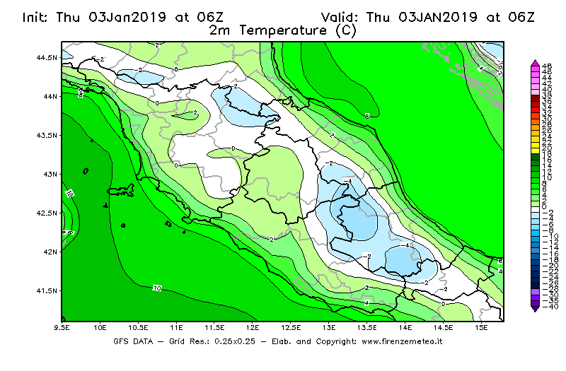 Mappa di analisi GFS - Temperatura a 2 metri dal suolo [°C] in Centro-Italia
							del 03/01/2019 06 <!--googleoff: index-->UTC<!--googleon: index-->