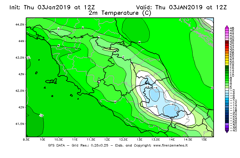 Mappa di analisi GFS - Temperatura a 2 metri dal suolo [°C] in Centro-Italia
							del 03/01/2019 12 <!--googleoff: index-->UTC<!--googleon: index-->