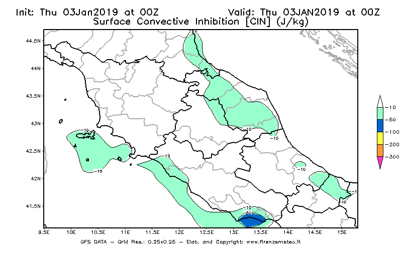 Mappa di analisi GFS - CIN [J/kg] in Centro-Italia
							del 03/01/2019 00 <!--googleoff: index-->UTC<!--googleon: index-->