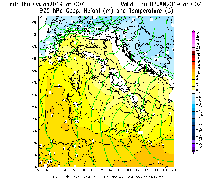 Mappa di analisi GFS - Geopotenziale [m] e Temperatura [°C] a 925 hPa in Italia
							del 03/01/2019 00 <!--googleoff: index-->UTC<!--googleon: index-->