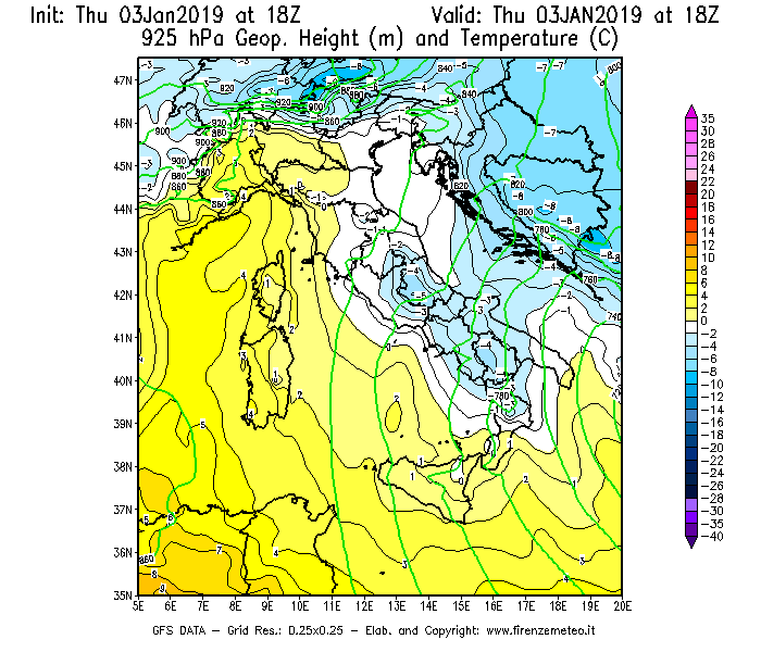 Mappa di analisi GFS - Geopotenziale [m] e Temperatura [°C] a 925 hPa in Italia
							del 03/01/2019 18 <!--googleoff: index-->UTC<!--googleon: index-->