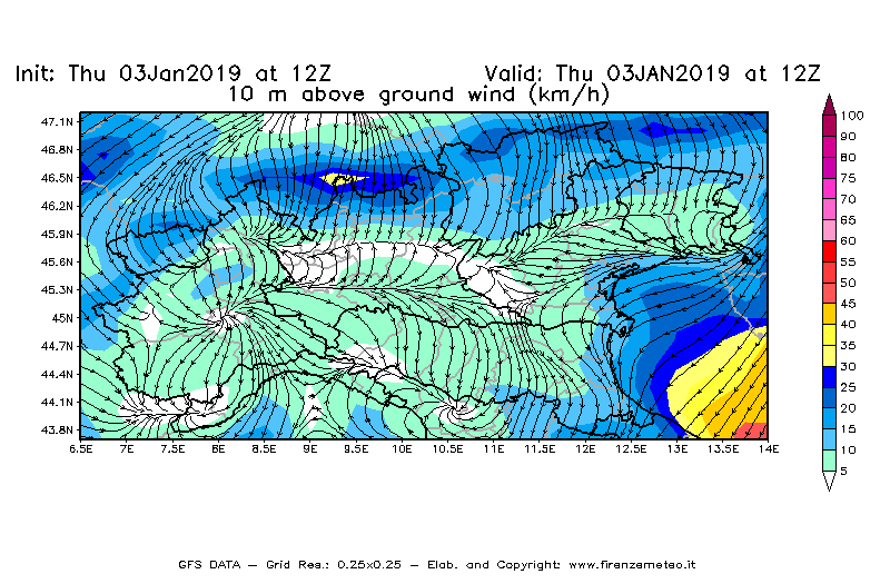 Mappa di analisi GFS - Velocità del vento a 10 metri dal suolo [km/h] in Nord-Italia
							del 03/01/2019 12 <!--googleoff: index-->UTC<!--googleon: index-->