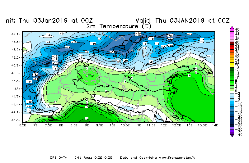 Mappa di analisi GFS - Temperatura a 2 metri dal suolo [°C] in Nord-Italia
							del 03/01/2019 00 <!--googleoff: index-->UTC<!--googleon: index-->