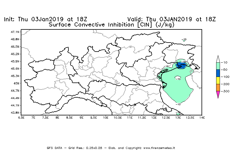 Mappa di analisi GFS - CIN [J/kg] in Nord-Italia
							del 03/01/2019 18 <!--googleoff: index-->UTC<!--googleon: index-->