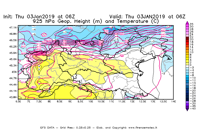 Mappa di analisi GFS - Geopotenziale [m] e Temperatura [°C] a 925 hPa in Nord-Italia
							del 03/01/2019 06 <!--googleoff: index-->UTC<!--googleon: index-->