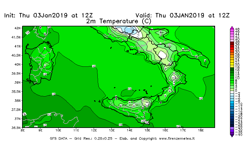 Mappa di analisi GFS - Temperatura a 2 metri dal suolo [°C] in Sud-Italia
							del 03/01/2019 12 <!--googleoff: index-->UTC<!--googleon: index-->