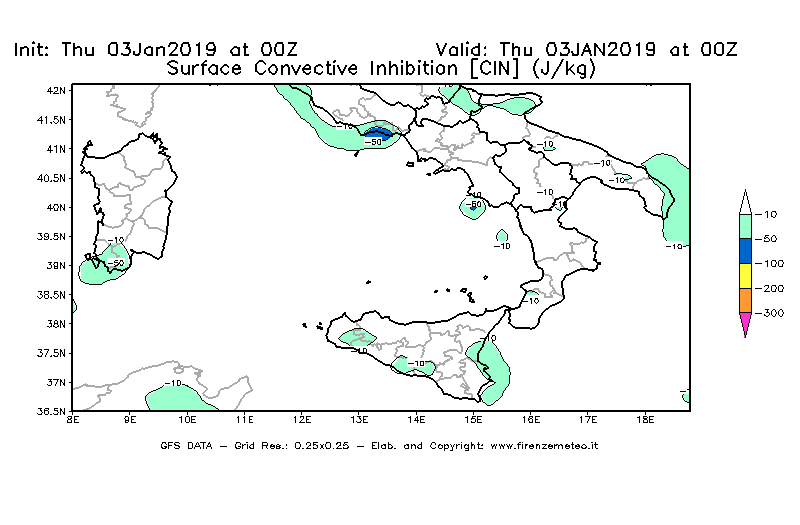 Mappa di analisi GFS - CIN [J/kg] in Sud-Italia
							del 03/01/2019 00 <!--googleoff: index-->UTC<!--googleon: index-->