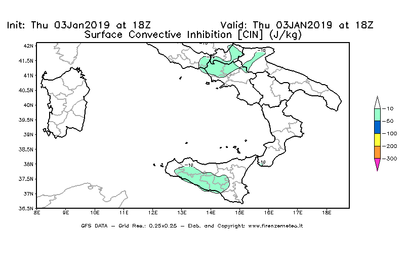 Mappa di analisi GFS - CIN [J/kg] in Sud-Italia
							del 03/01/2019 18 <!--googleoff: index-->UTC<!--googleon: index-->