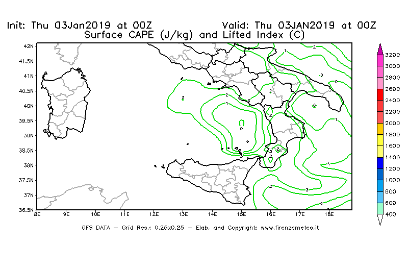 Mappa di analisi GFS - CAPE [J/kg] e Lifted Index [°C] in Sud-Italia
							del 03/01/2019 00 <!--googleoff: index-->UTC<!--googleon: index-->