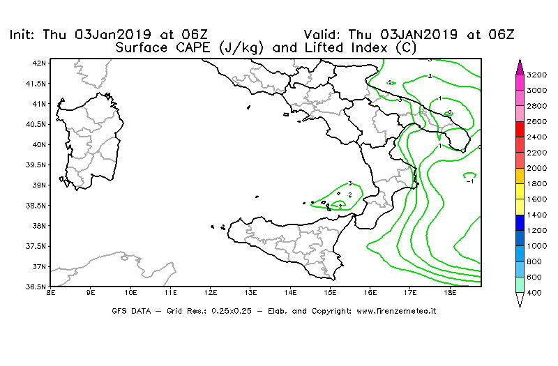 Mappa di analisi GFS - CAPE [J/kg] e Lifted Index [°C] in Sud-Italia
							del 03/01/2019 06 <!--googleoff: index-->UTC<!--googleon: index-->