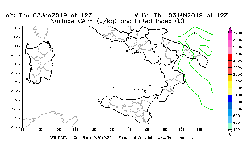Mappa di analisi GFS - CAPE [J/kg] e Lifted Index [°C] in Sud-Italia
							del 03/01/2019 12 <!--googleoff: index-->UTC<!--googleon: index-->