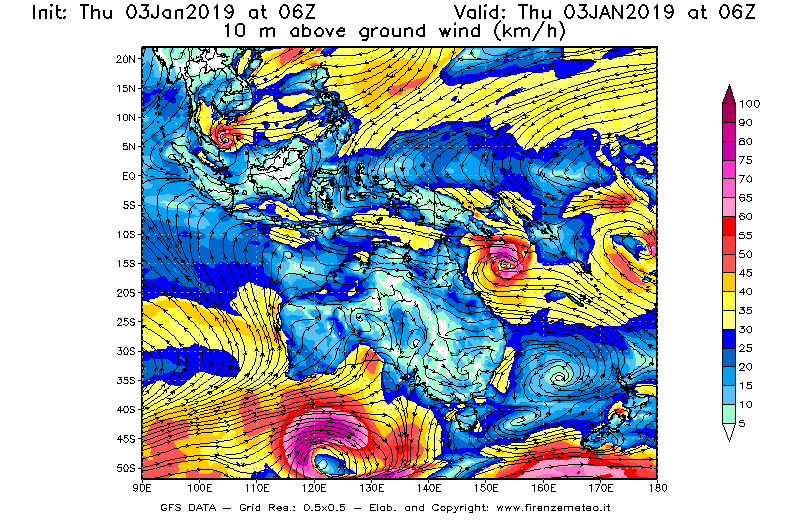 Mappa di analisi GFS - Velocità del vento a 10 metri dal suolo [km/h] in Oceania
							del 03/01/2019 06 <!--googleoff: index-->UTC<!--googleon: index-->