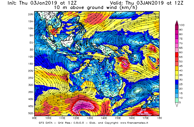 Mappa di analisi GFS - Velocità del vento a 10 metri dal suolo [km/h] in Oceania
							del 03/01/2019 12 <!--googleoff: index-->UTC<!--googleon: index-->