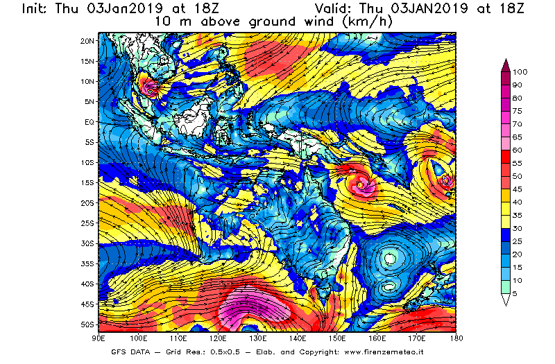 Mappa di analisi GFS - Velocità del vento a 10 metri dal suolo [km/h] in Oceania
							del 03/01/2019 18 <!--googleoff: index-->UTC<!--googleon: index-->
