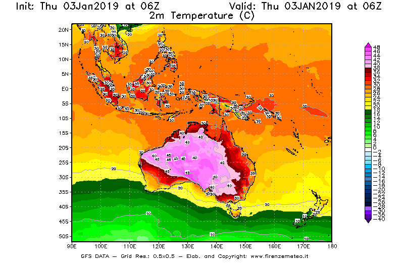 Mappa di analisi GFS - Temperatura a 2 metri dal suolo [°C] in Oceania
							del 03/01/2019 06 <!--googleoff: index-->UTC<!--googleon: index-->