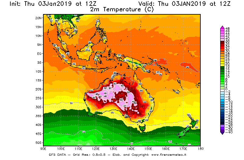 Mappa di analisi GFS - Temperatura a 2 metri dal suolo [°C] in Oceania
							del 03/01/2019 12 <!--googleoff: index-->UTC<!--googleon: index-->