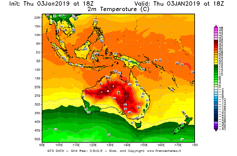 Mappa di analisi GFS - Temperatura a 2 metri dal suolo [°C] in Oceania
							del 03/01/2019 18 <!--googleoff: index-->UTC<!--googleon: index-->