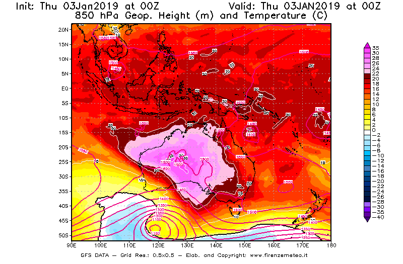 Mappa di analisi GFS - Geopotenziale [m] e Temperatura [°C] a 850 hPa in Oceania
							del 03/01/2019 00 <!--googleoff: index-->UTC<!--googleon: index-->