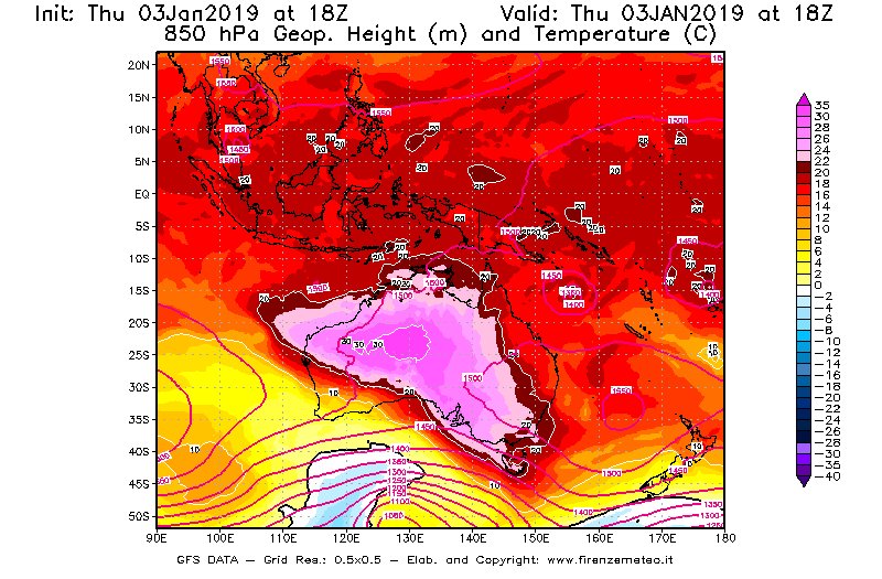 Mappa di analisi GFS - Geopotenziale [m] e Temperatura [°C] a 850 hPa in Oceania
							del 03/01/2019 18 <!--googleoff: index-->UTC<!--googleon: index-->
