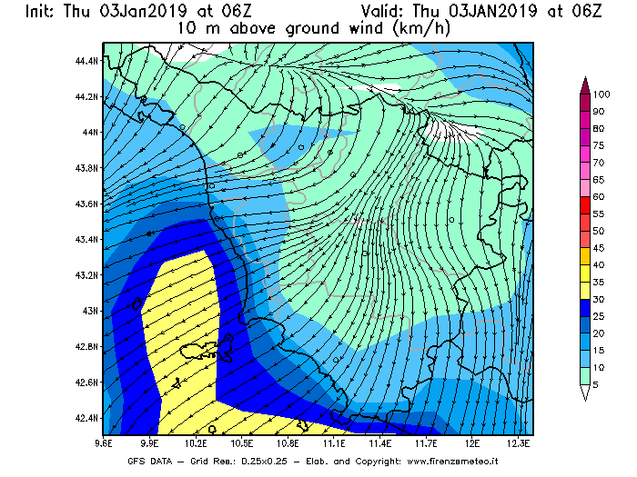 Mappa di analisi GFS - Velocità del vento a 10 metri dal suolo [km/h] in Toscana
							del 03/01/2019 06 <!--googleoff: index-->UTC<!--googleon: index-->