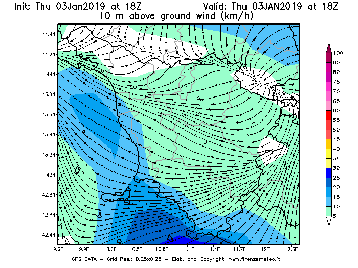 Mappa di analisi GFS - Velocità del vento a 10 metri dal suolo [km/h] in Toscana
							del 03/01/2019 18 <!--googleoff: index-->UTC<!--googleon: index-->